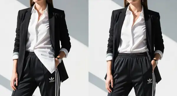 فتاة ترتدي بنطلون رياضي أسود بثلاثة خطوط بيضاء وقميص أبيض بسيط، لموضة 2025.