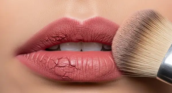 شفاه مطلية بأحمر شفاه أحمر غير لامع (Matte) وثابت، وتظهر عليها لمسة بودرة شفافة تثبت اللون، مما يوضح حيل الخبراء لثبات 12 ساعة.