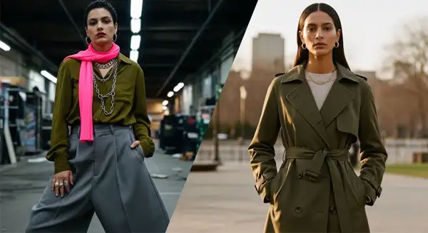 إطلالات الأخضر الزيتوني لخريف وشتاء 2025 بتنسيق طبقات مع اللون البيج والذهبي.