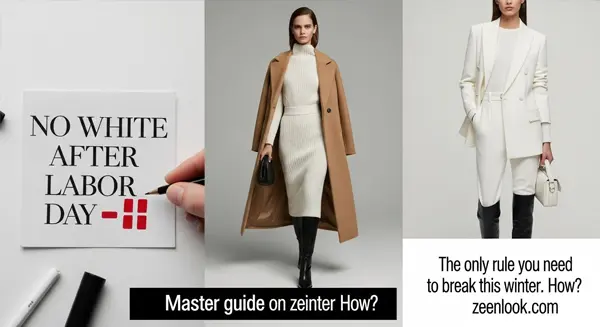 عارضة ترتدي فستاناً أبيض صوفياً سميكاً مع معطف طويل بلون الجمل الدافئ وحذاء جلد بني عالي القوام لإطلالة شتوية أنيقة.