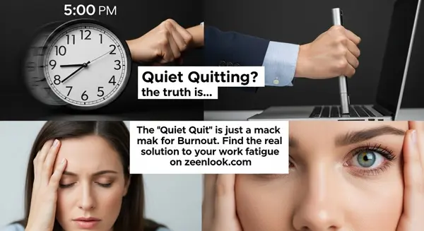 صورة مفاهيمية تظهر موظفاً جالساً بهدوء على مكتبه بينما خلفه سحابة من الضغط والإرهاق (ترمز للاستقالة الهادئة).