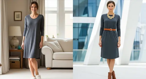 صورة مفاهيمية لرجل وامرأة يرتديان ملابس عمل هجينة (Smart Casual) تجمع بين راحة المنزل وجدية المكتب.