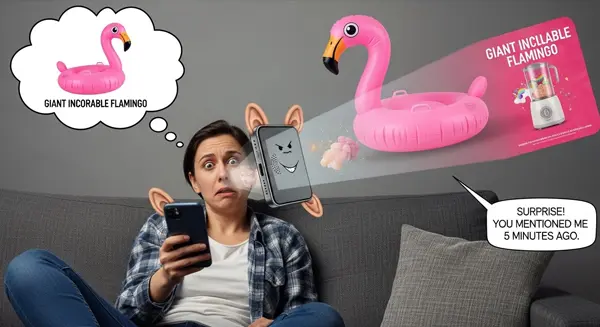 صورة مفاهيمية تظهر هاتفاً ذكياً ينبعث منه شريط ضوئي يتجه نحو دماغ بشري، يرمز لتأثير الذكاء الاصطناعي على الأفكار والخصوصية.