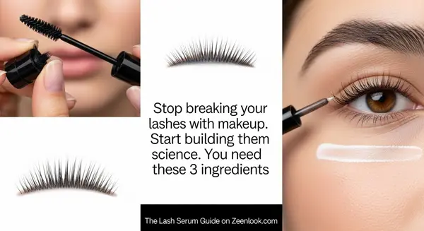 صورة مقربة لرموش طبيعية كثيفة وطويلة، مع إبراز الفرق الذي تحدثه أمصال الرموش.