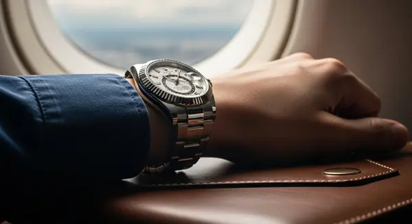 ساعة رولكس سكاي دويلر، إصدار روليسور (فولاذ وذهب أصفر)، تعرض قرص GMT وإطار Ring Command في خلفية سفر فاخرة.