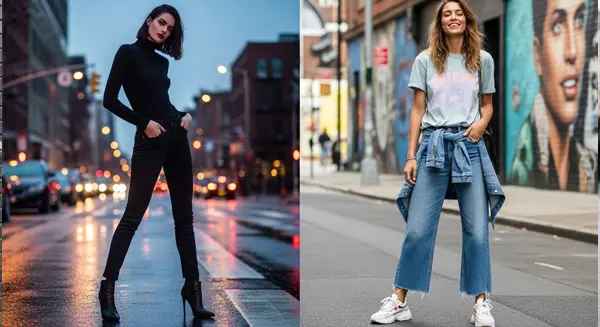 صورة انقسامية لامرأة ترتدي جينز ضيق (Slim Fit) وأخرى ترتدي جينز واسع الساق (Wide Leg)، ترمز للصراع في موضة 2025.