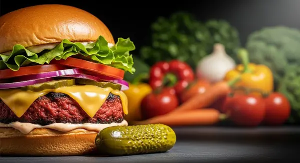 صورة مقارنة بين برغر نباتي مصنع وقطعة برغر من الفول والبقوليات الطازجة، ترمز للمفارقة بين المعالجة الفائقة والنقاء.