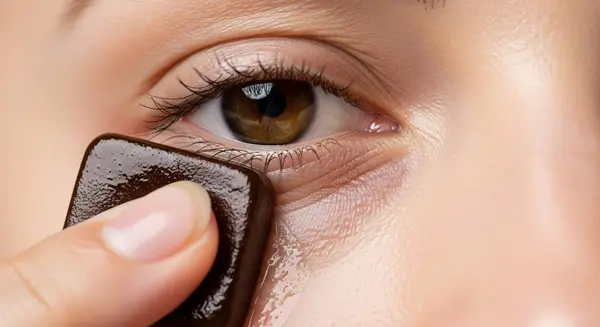 صورة مكعبات ثلج مصنوعة من القهوة على بشرة العين، ترمز لعلاج الانتفاخ والهالات السوداء بالكافيين.