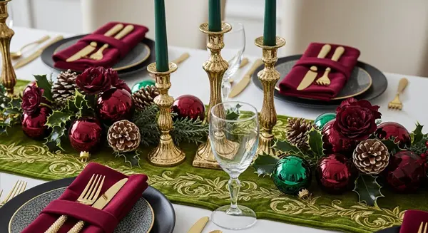 مائدة طعام رأس السنة فاخرة مضاءة بالشموع الدافئة، تظهر فيها أطباق أنيقة وأكواب موكتيل، ترمز للتحضير السهل والمبهر.