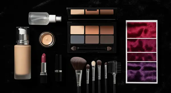صورة مفاهيمية لخمسة منتجات مكياج فاخرة ومرتبة (تشتمل على برايمر وفاونديشن وكونسيلر) مقابل كمية كبيرة من المكياج المبعثر في الخلفية، ترمز للتركيز على الجودة.