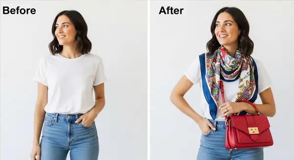 صورة شخص يرتدي معطفاً بلون صارخ أو بتصميم غير تقليدي وسط حشد من الناس بملابس حيادية، يرمز لقطعة البيان (Statement Piece).