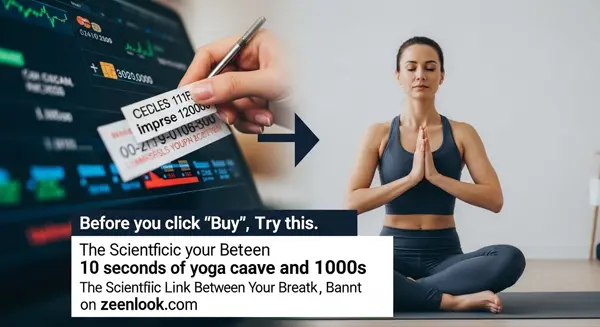 صورة مفاهيمية لامرأة تمارس اليوغا، وبجوارها عملات نقدية ترمز إلى اليقظة المالية والسيطرة على الإنفاق.